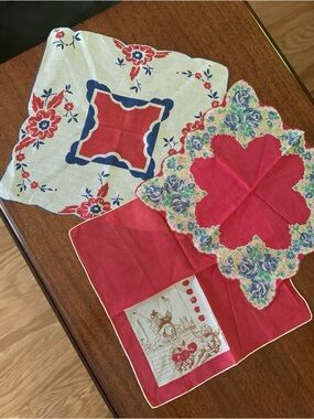Vintage Floral & Red Cotton Handkerchief Trio
